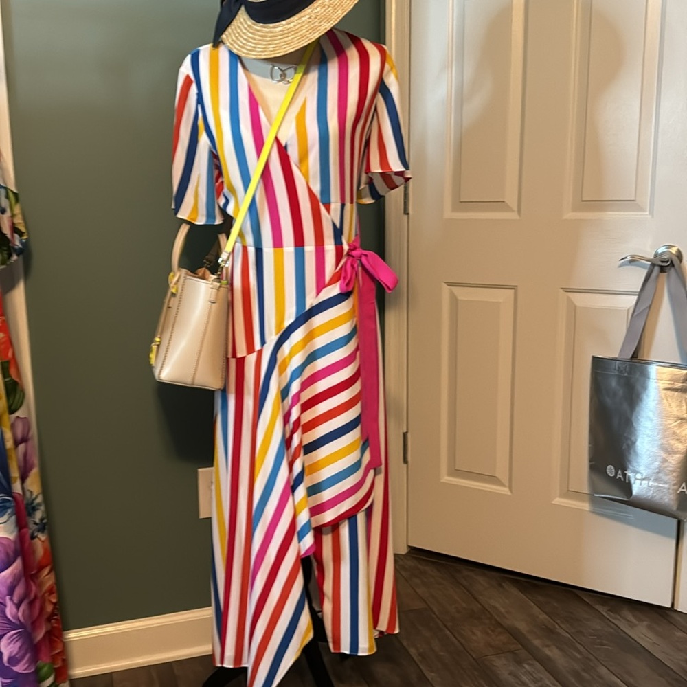 Striped V-Neck Wrap Maxi Dress with Pink Tie - Picture 5 of 5